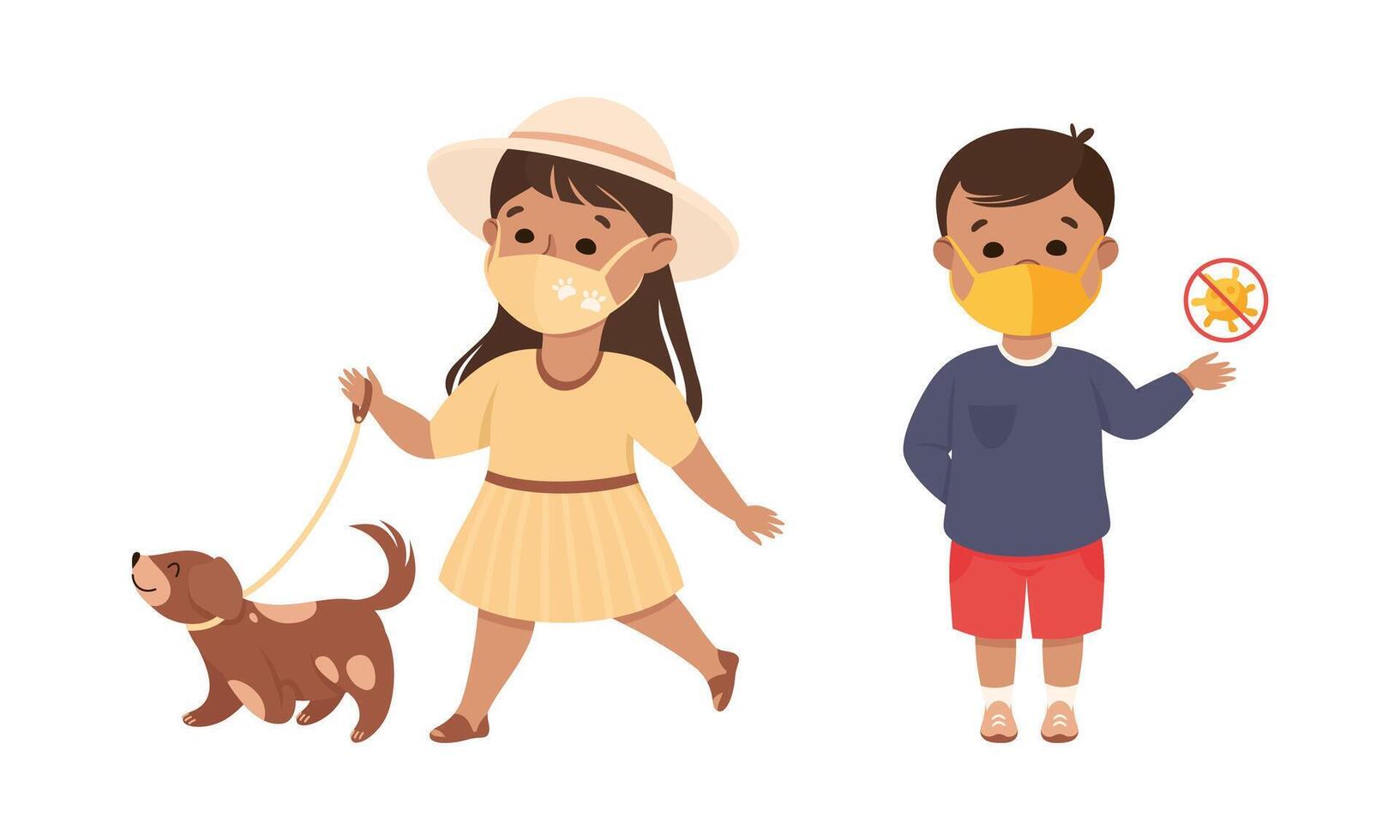 Happy Boy and Girl Wearing Face Mask as New Normal Lifestyle Illustration Set vector