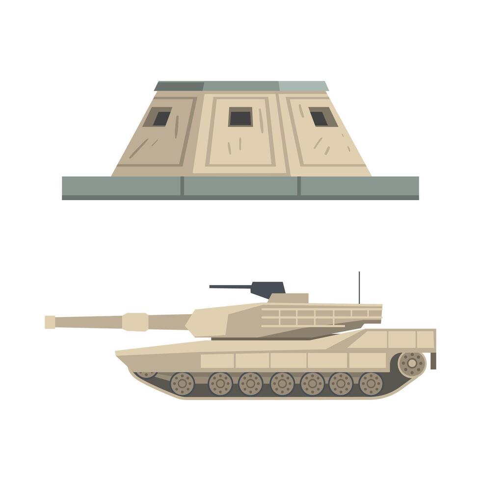 Military Observation Bunker as Defensive Fortification and Armoured Tank Illustration Set vector