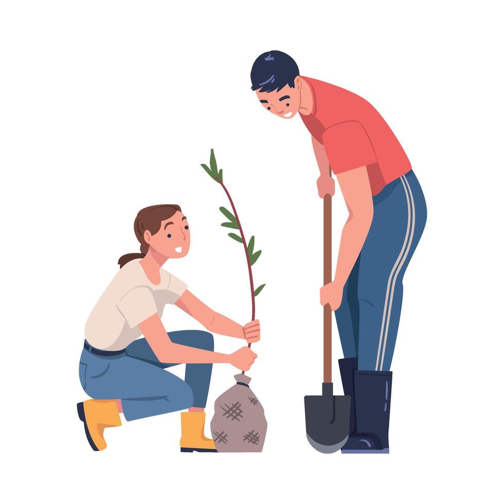 Man and Woman Character Planting Tree Sapling in Soil Taking Care of Planet and Nature Illustration vector