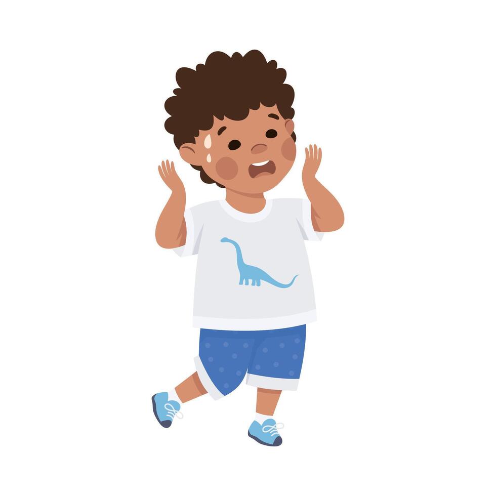 Cute little boy with scared face expression. Dark haired curly boy dressed white t-shirt and blue shorts cartoon illustration vector