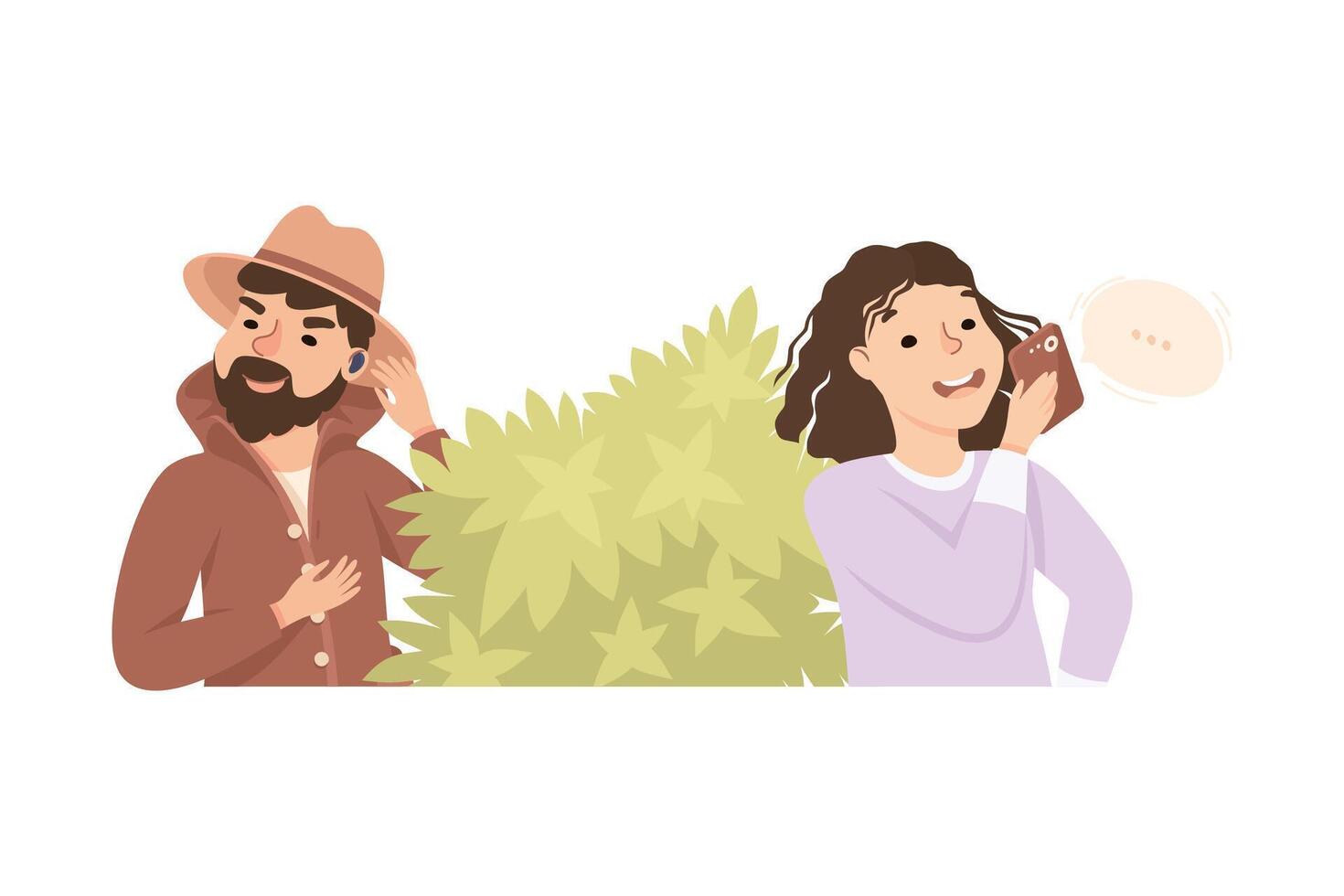 Espionage with Man Private Detective Hiding Behind Bush Listening to Woman Phone Conversation Illustration vector