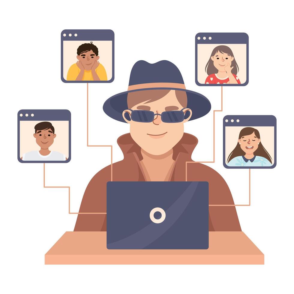 Espionage with Man Private Detective in Hat and Coat at Laptop Listening to Calls Illustration vector