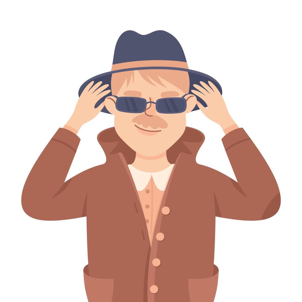 Espionage with Mustached Man Private Detective in Hat and Coat Listening to Conversation Illustration vector