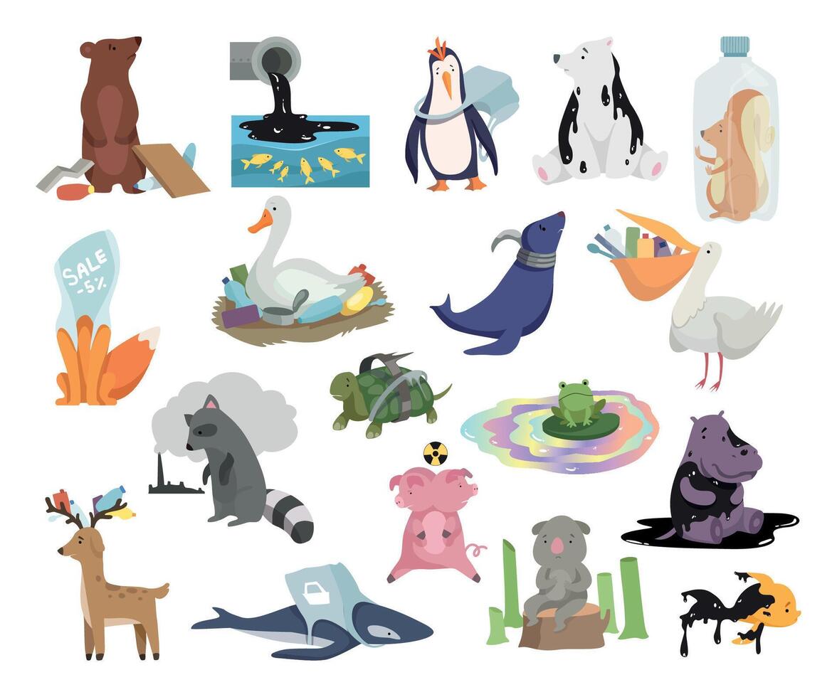 Wild animals suffering from nature pollution set. Plastic rubbish, pollution of water, deforestation, nuclear waste, climate change. Global environmental problems cartoon vector