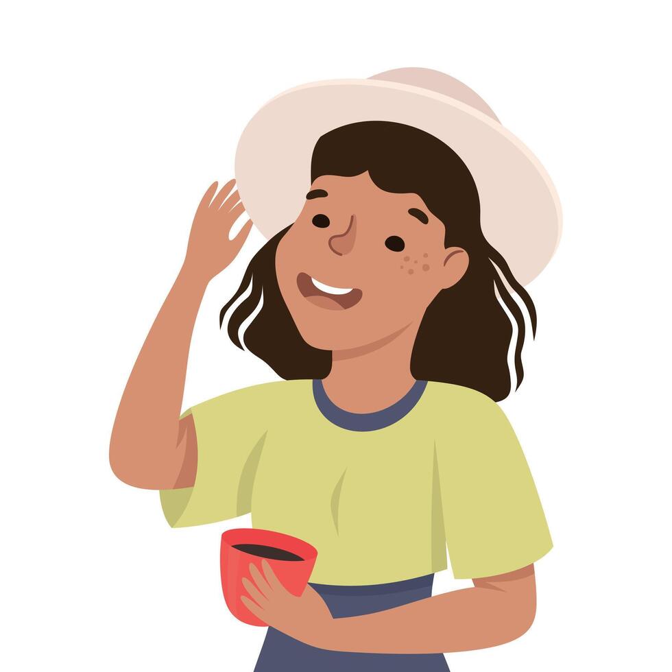 Young Female in Hat with Cup of Coffee Talking Engaged in Conversation with Someone Illustration vector