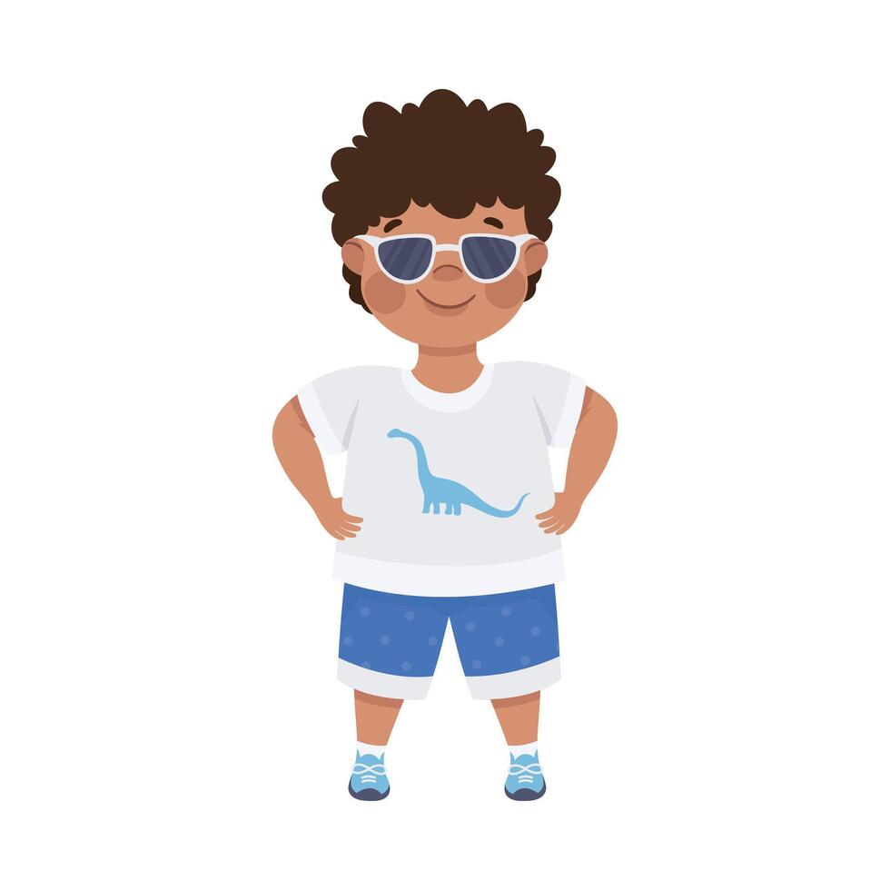 Cute self confident little boy standing with hands on hips. Dark haired curly boy dressed casual clothes and sunglasses standing in heroic pose cartoon illustration vector