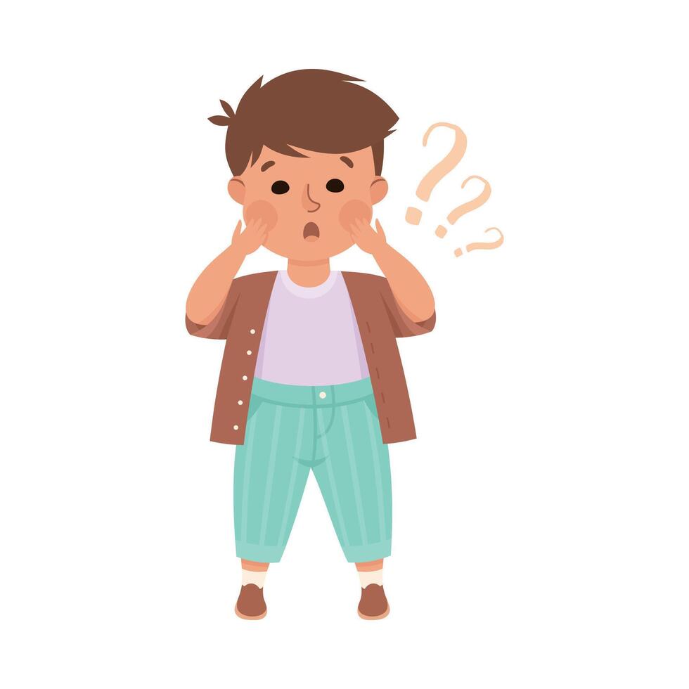 Confused little boy with question marks. Cute doubting boy dressed casual clothes cartoon illustration vector