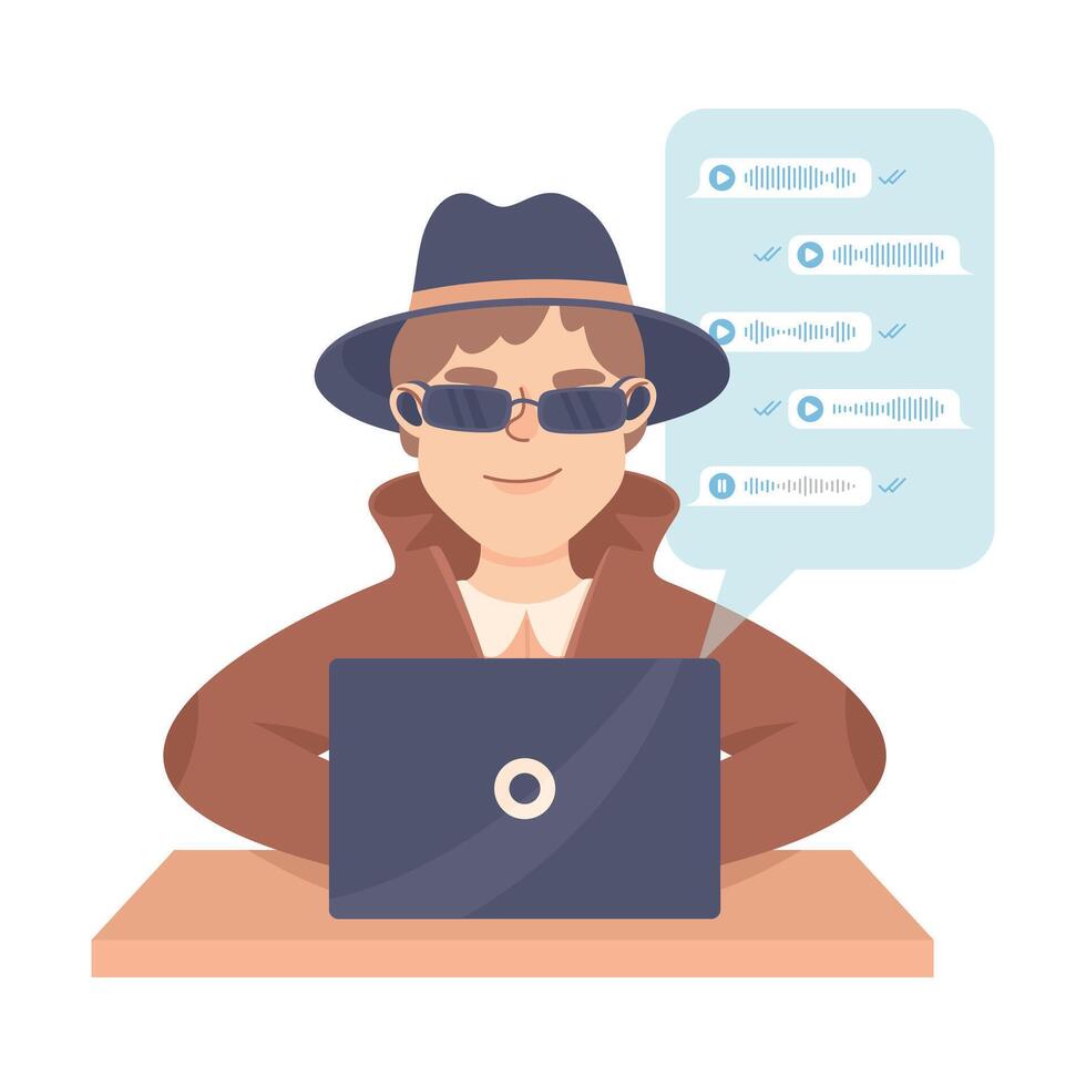 Espionage with Man Private Detective at Laptop Observing Chat Audio Records Illustration vector