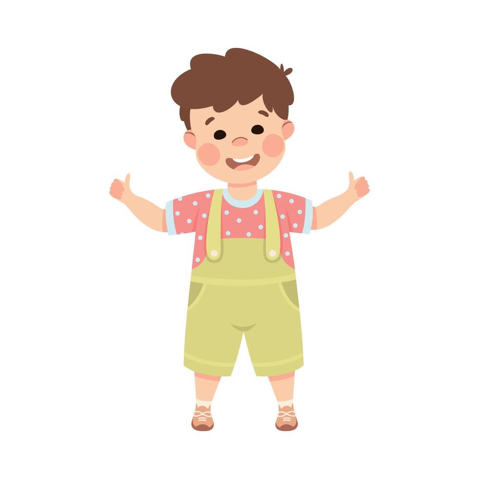 Cute cheerful little boy showing thumb up gesture with both hands. Happy brown haired boy dressed jumpsuit standing with open arms cartoon illustration vector