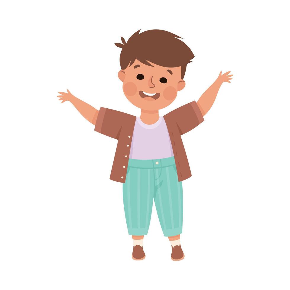 Joyful little boy with happy face expression. Cute boy dressed casual clothes standing with his hands raised cartoon illustration vector