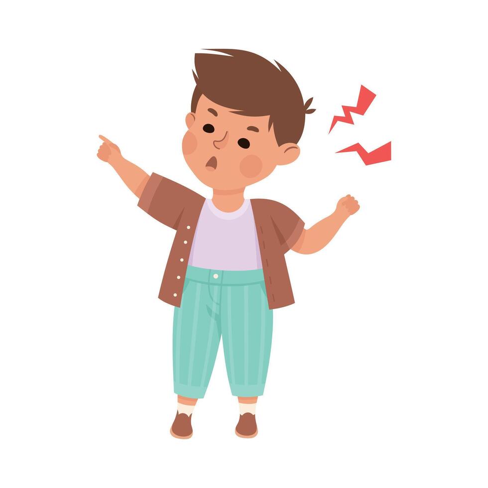 Little boy looking angry. Cute boy dressed casual clothes shouting and pointing with his finger cartoon illustration vector