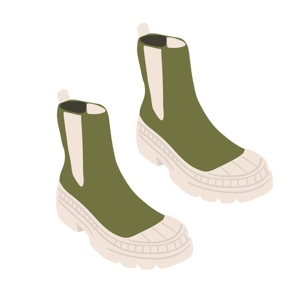 Trendy fashion boots, green boots with light-colored soles. Flat style on a white background vector