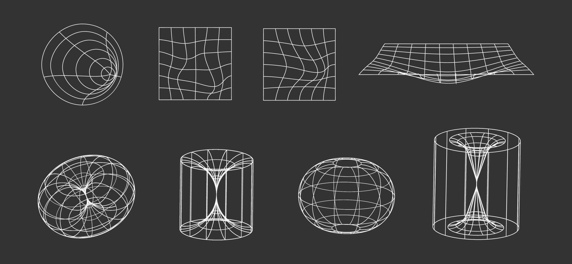 3D Y2K Wireframe Shape Set Isolated Background. vector