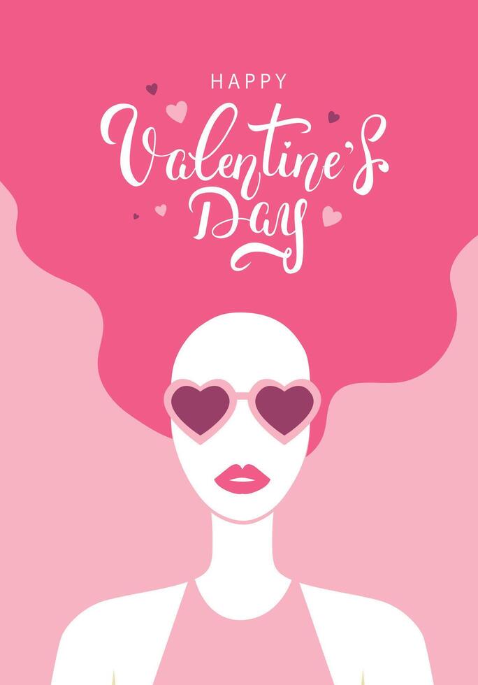 Girl portrait in heart-shaped sunglasses and pink hair. Valentine's day greeting card with handwritten calligraphic text vector