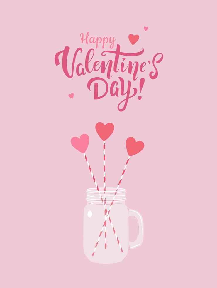 Greeting card for Valentine's Day holiday with handwritten lettering. Decorative jar with hearts on sticks in it on pink background vector