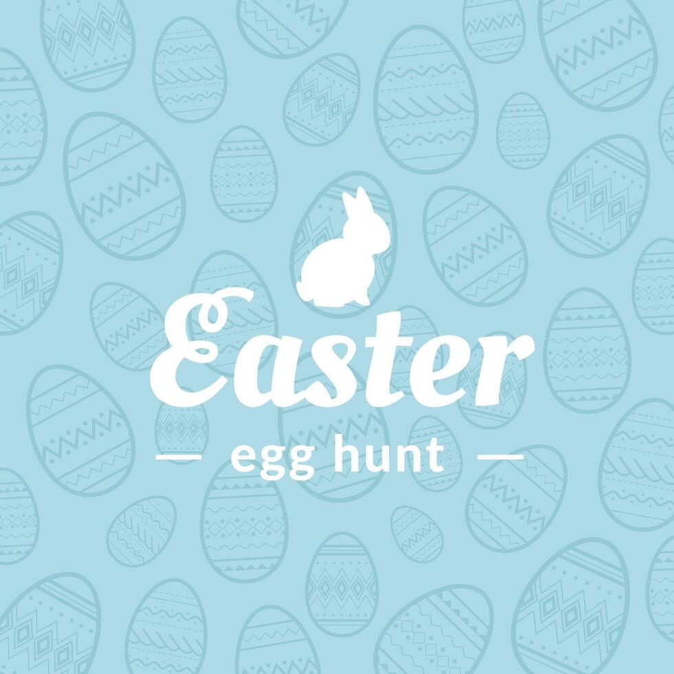 Easter Egg hunt logo design concept with little bunny silhouette. Eggs pattern blue background vector
