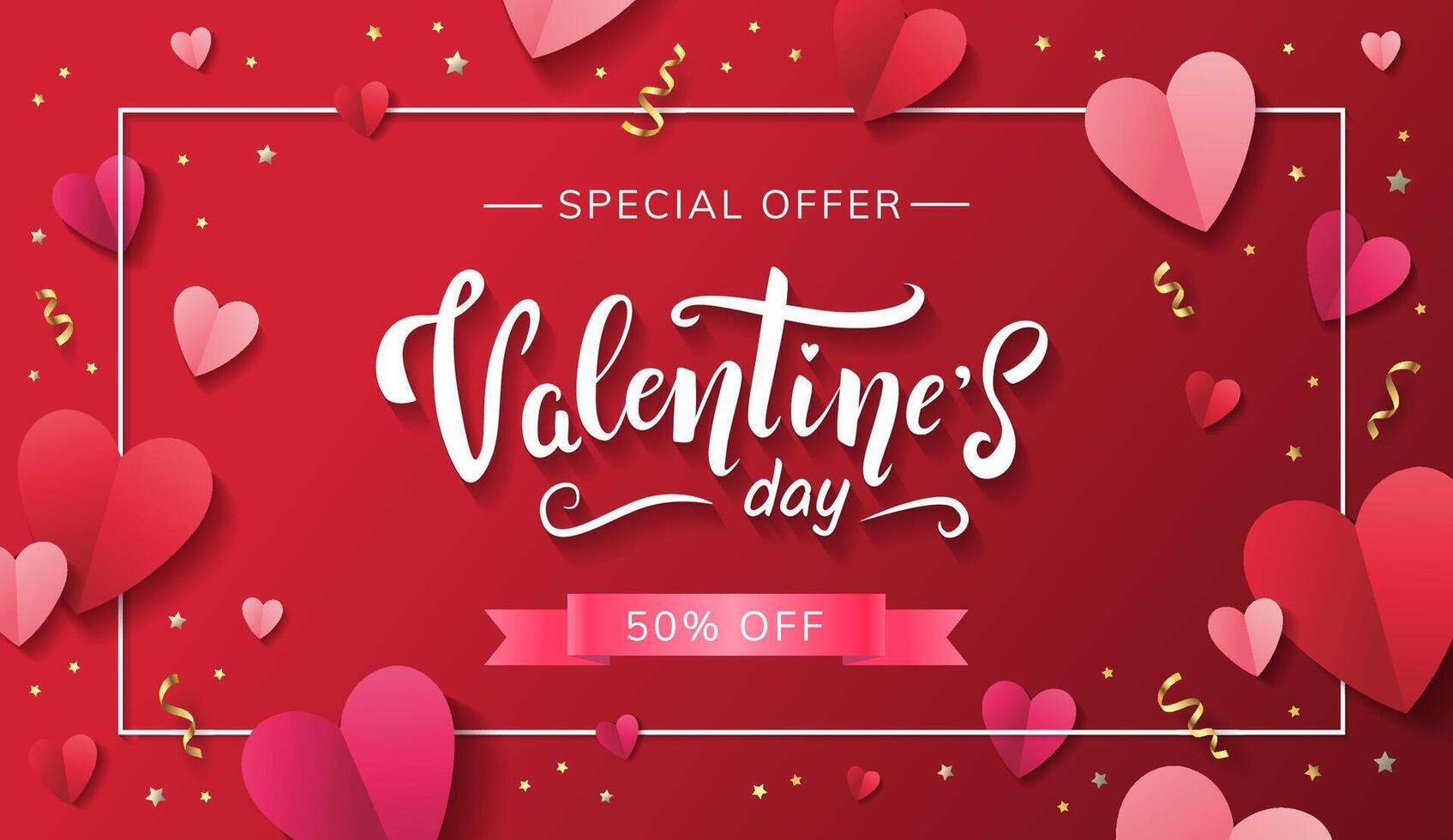 Valentine's Day horizontal banner with hand drawn lettering and paper heart of red and pink colors and confetti on red background vector