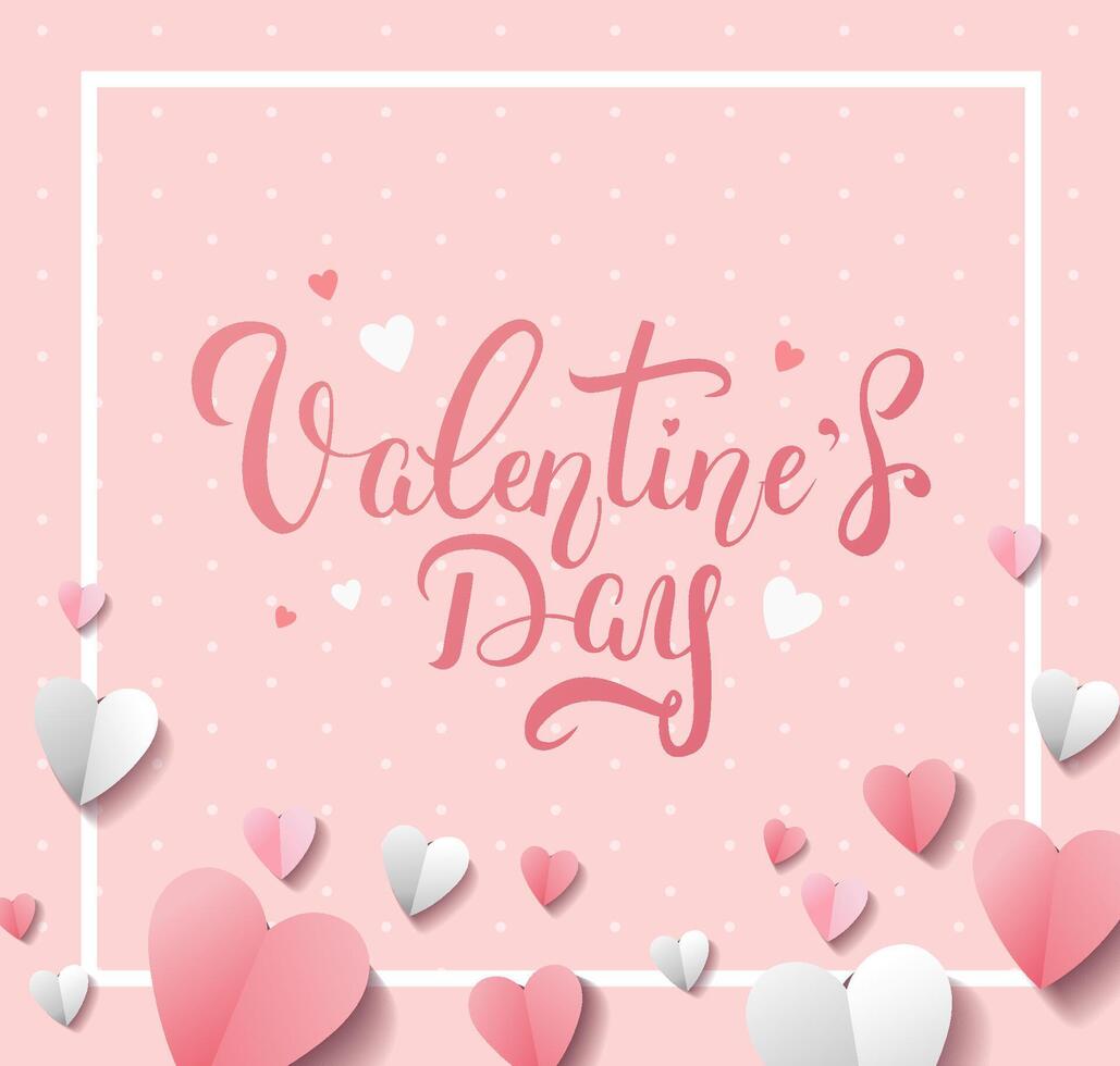 Greeting card with handwritten calligraphic phrase. Paper hearts on light pink background for Valentine's day banner vector