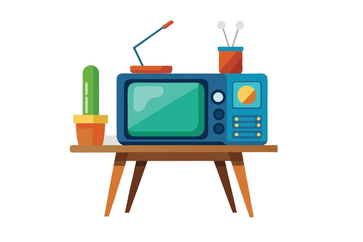 Retro tv set on table with cactus, lamp and other objects vector