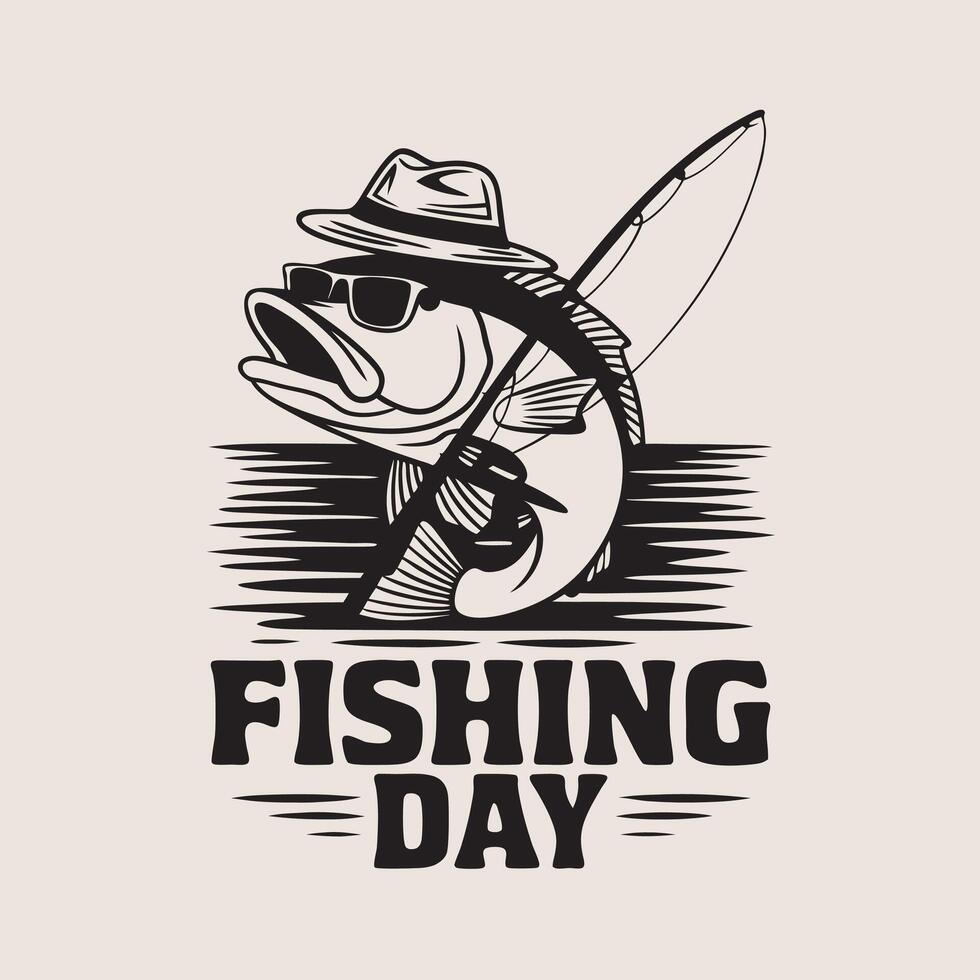 Fishing day logo with a fish in a hat and sunglasses vector