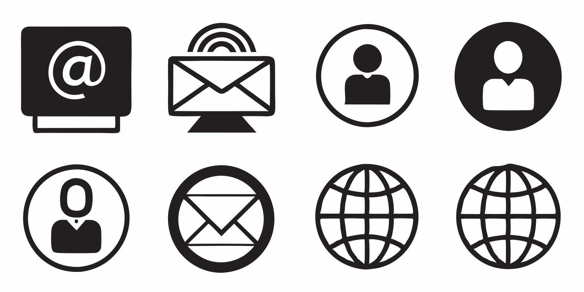 A set of icons that include email, phone, and internet vector