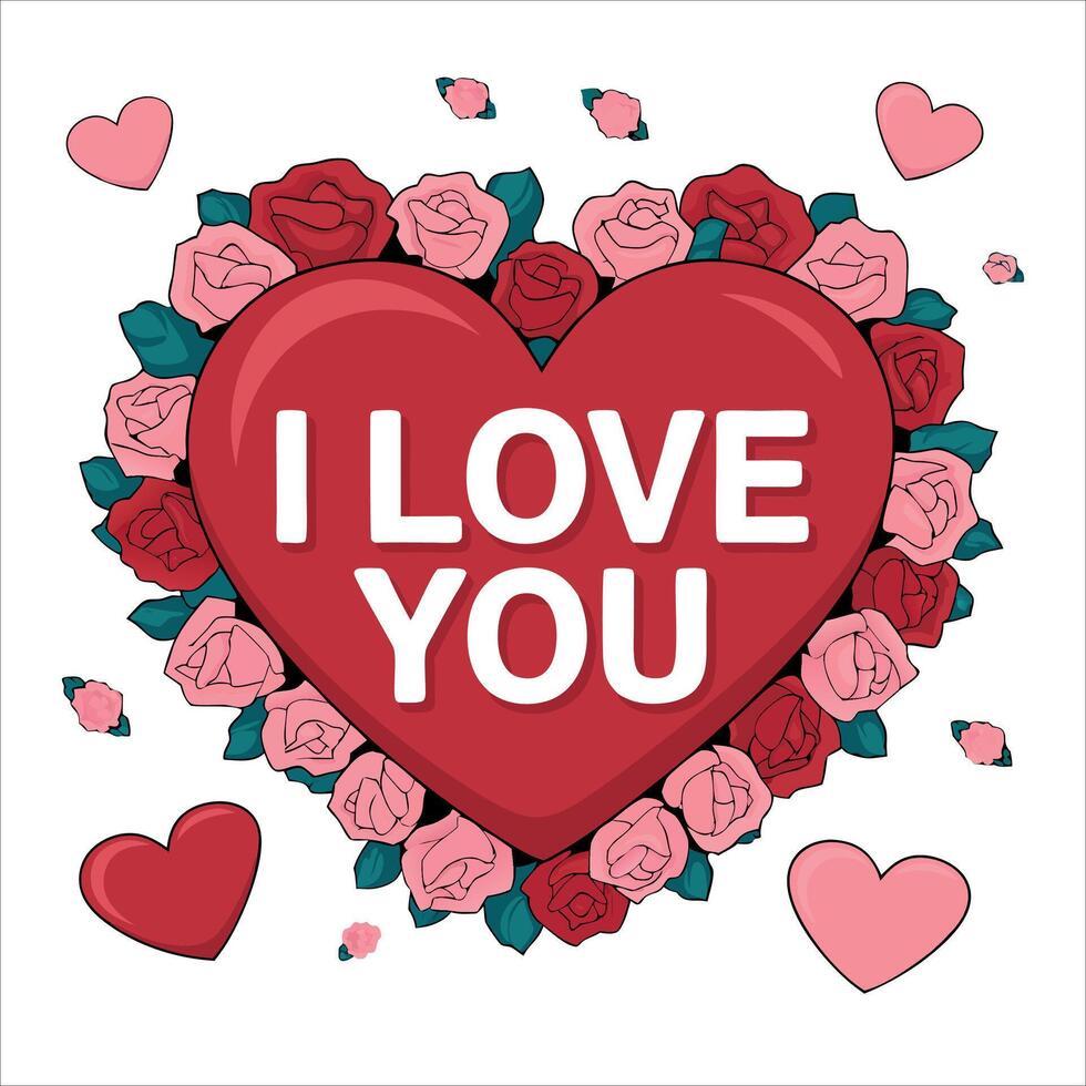 I love you text in a heart shape with roses illustration vector