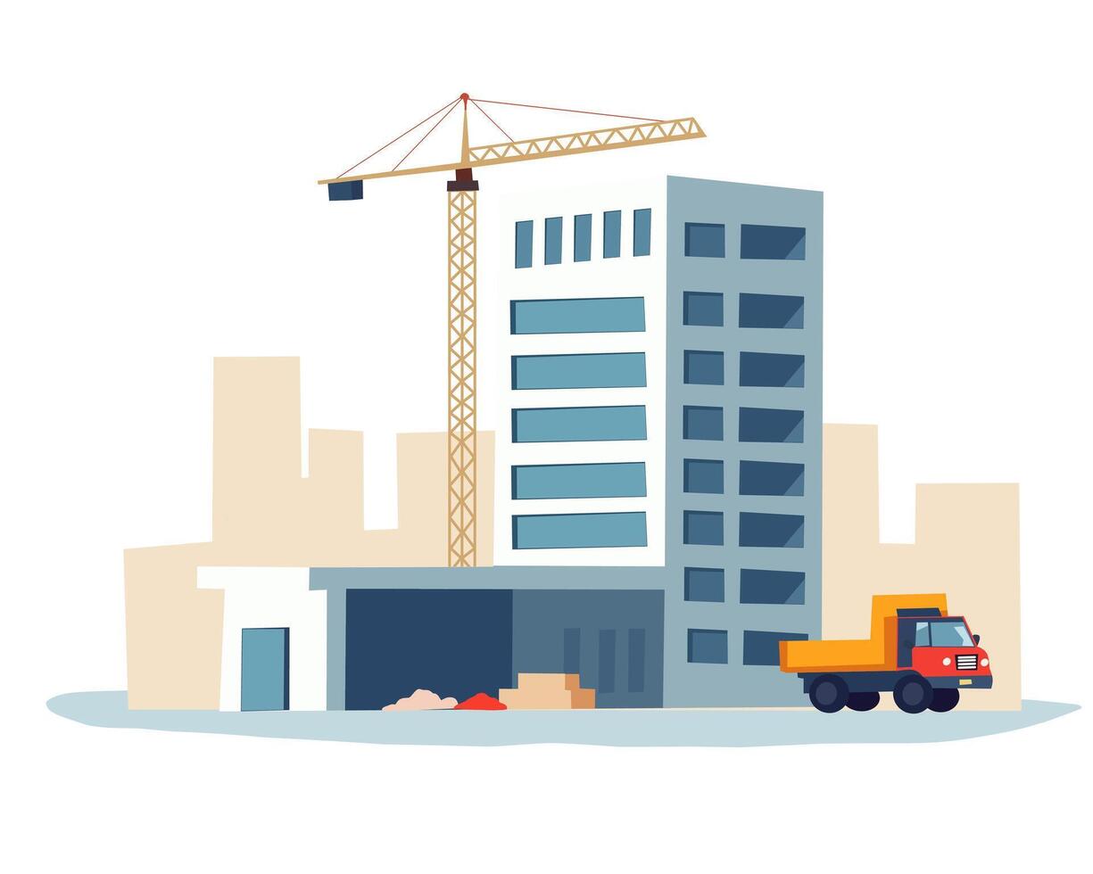 illustration of a modern building under construction with a tower crane and a dump truck, representing urban development, real estate projects, and construction industry vector