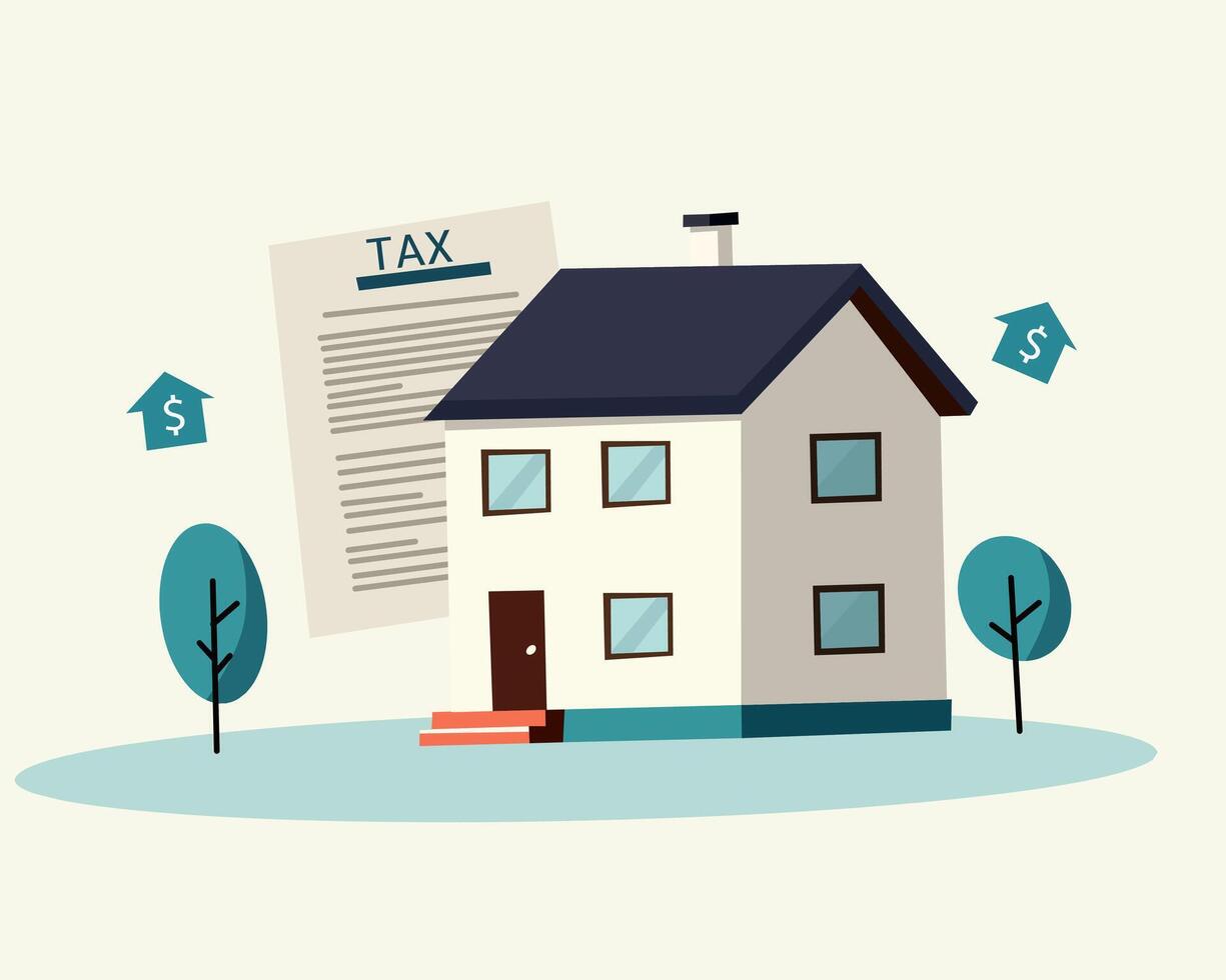 Illustration of a house with tax documents and dollar signs, representing property tax, real estate investment, and financial obligations. vector