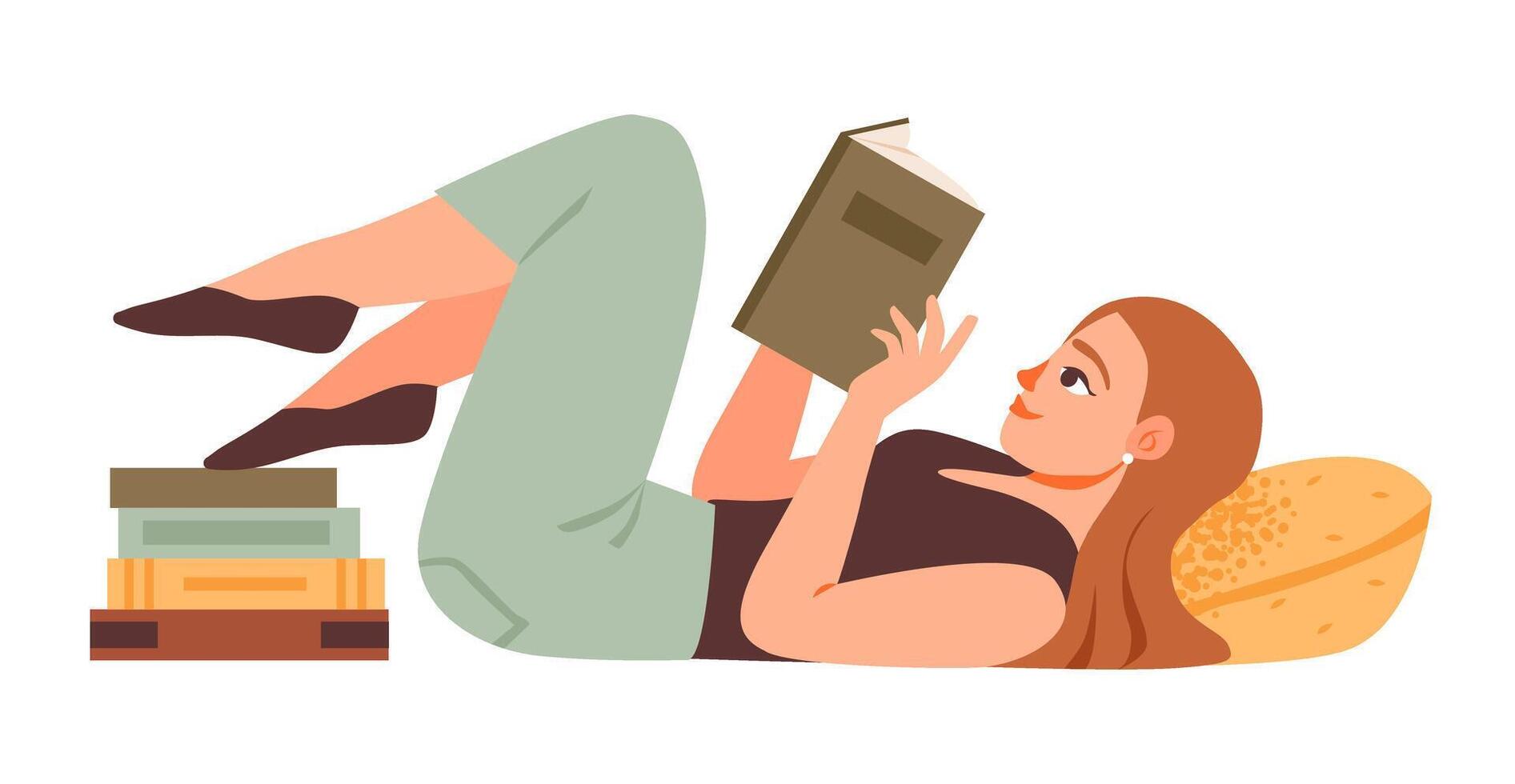 A woman reads a book while lying on a cozy pillow. A young student enjoying her favorite book in a tranquil setting. Flat illustration. vector