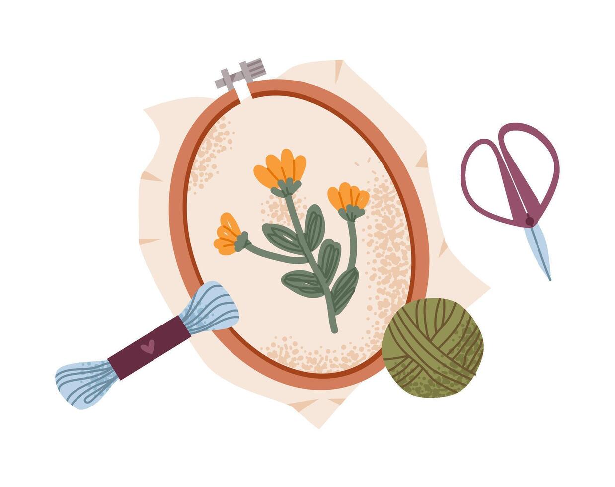 A cozy illustration of an embroidery hoop with a flower design. Knitting, crocheting, and handcraft hobbies. vector
