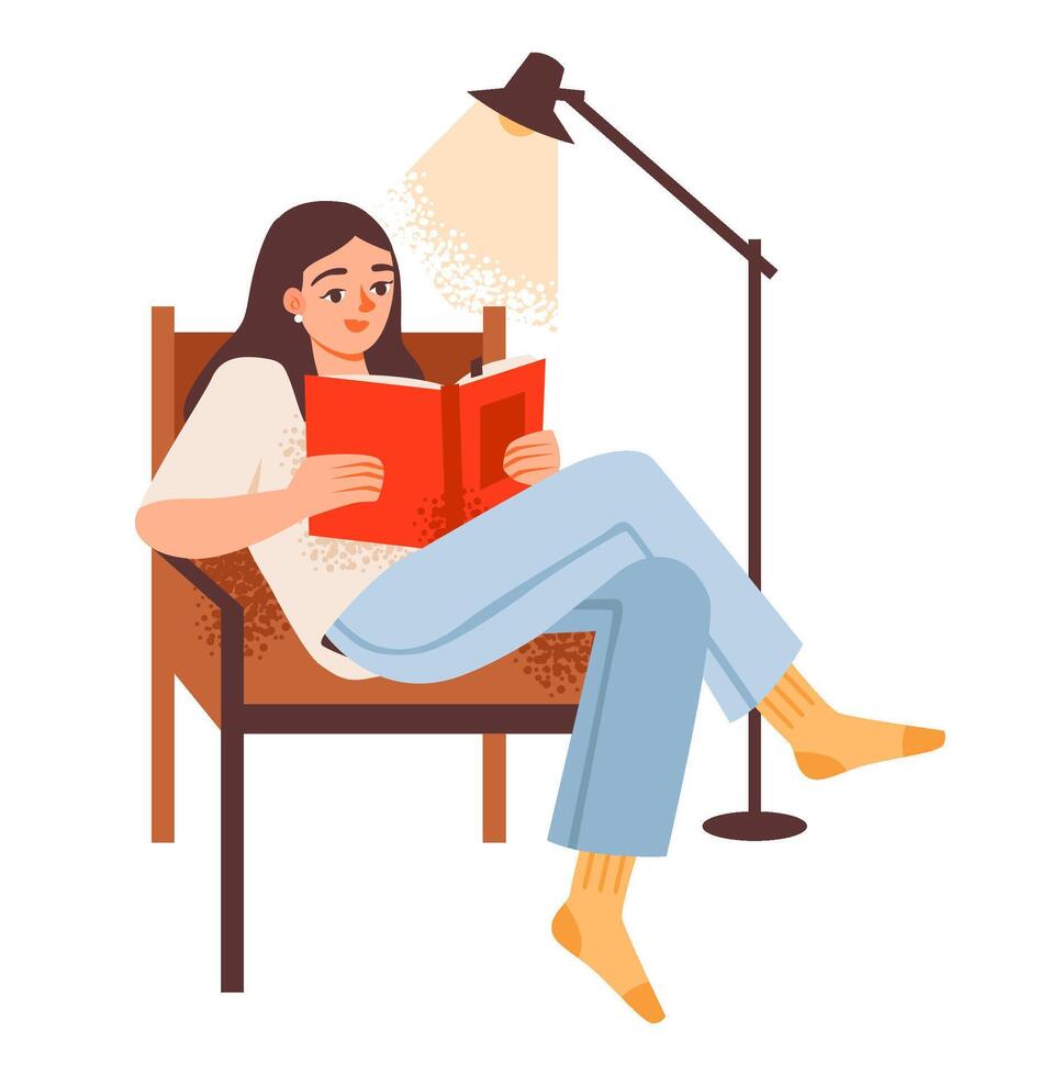 Woman reading a book in an armchair. Modern illustration of a female booklover enjoying her pastime. Woman with an open book. vector