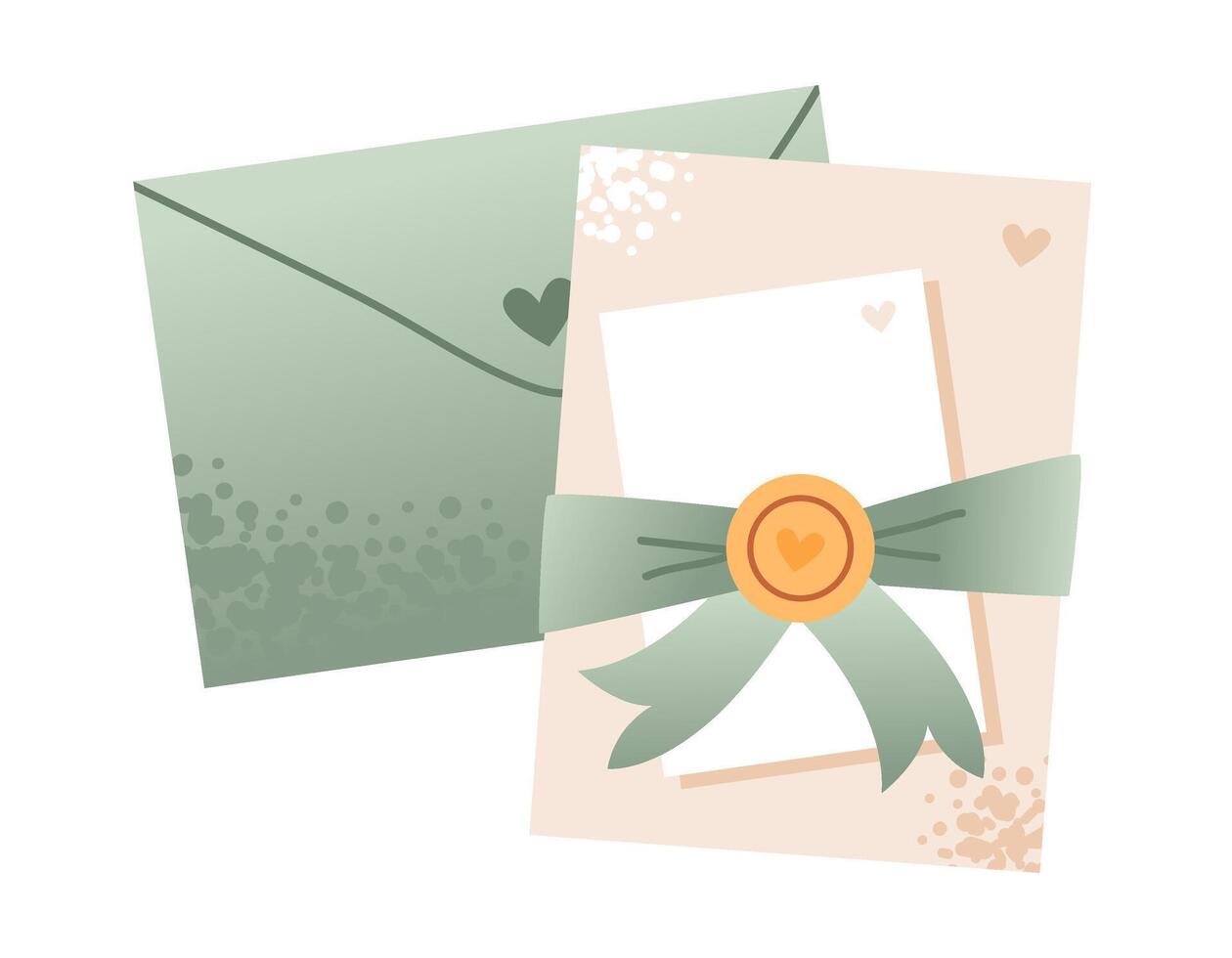 Flat wedding invitation postcard with a decorative bow and stamp. Minimalist and classy invitation card for a wedding celebration. vector