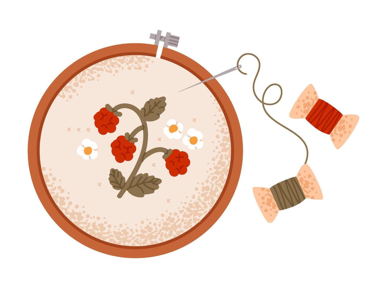 Embroidery hoop with a floral raspberry design, featuring thread. Handmade crafts and knitting hobbies. Flat illustration. vector