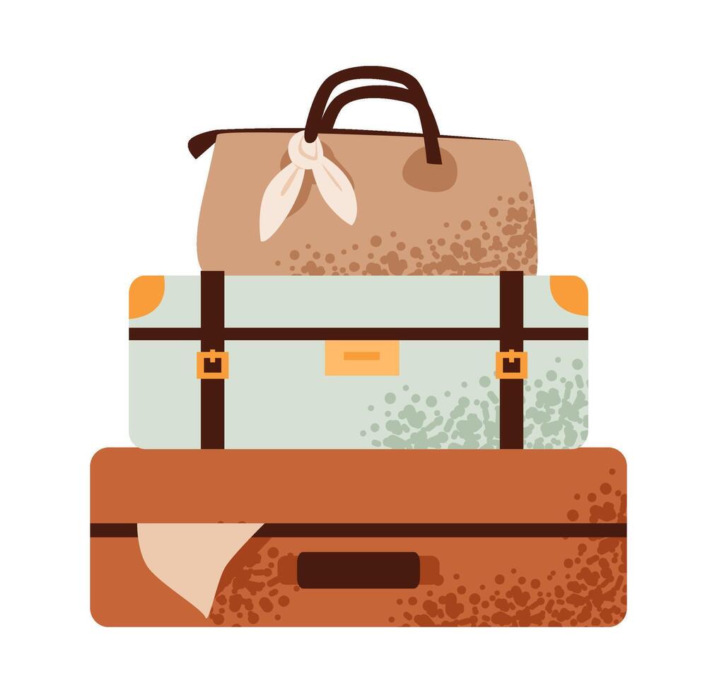 Stack of suitcases and bags for travel. Travel essentials, luggage, bag, and accessories for a vacation. Flat illustration. vector
