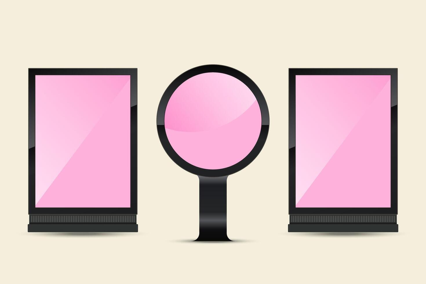 Three differrent circular and rectangles digital screens with a glossy pink surface, encased in a sleek black frame. It is mounted on a black stand, giving it the appearances. vector