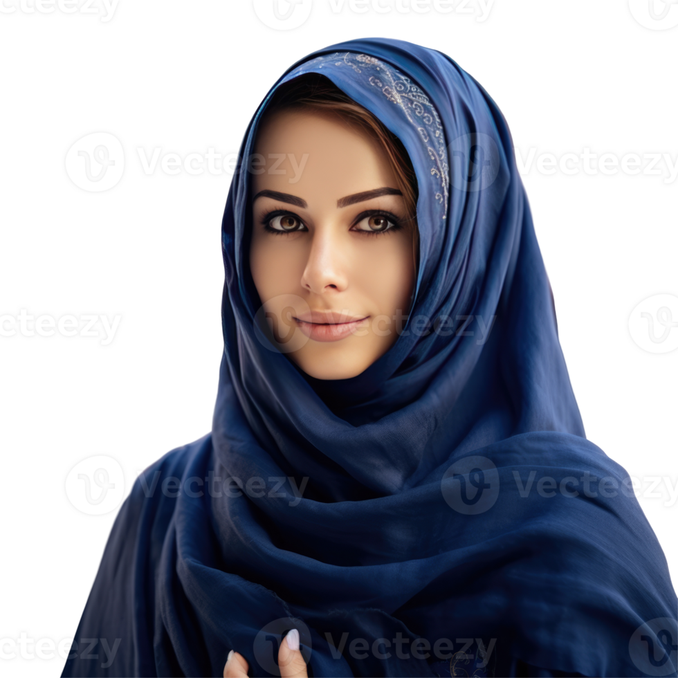 Young Muslim Woman Smiling in Blue Traditional Headscarf Hijab on Background Photo png
