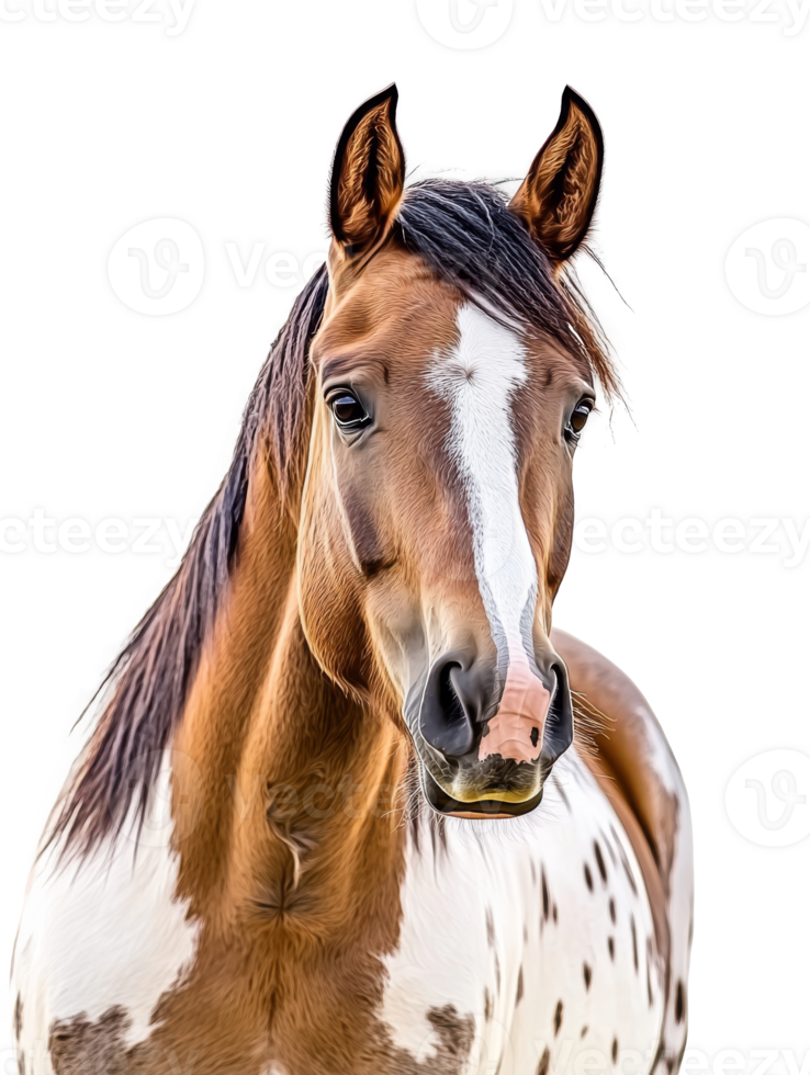 Majestic horse portrait showcasing unique spotted coat and gentle expression in a bright, airy setting png