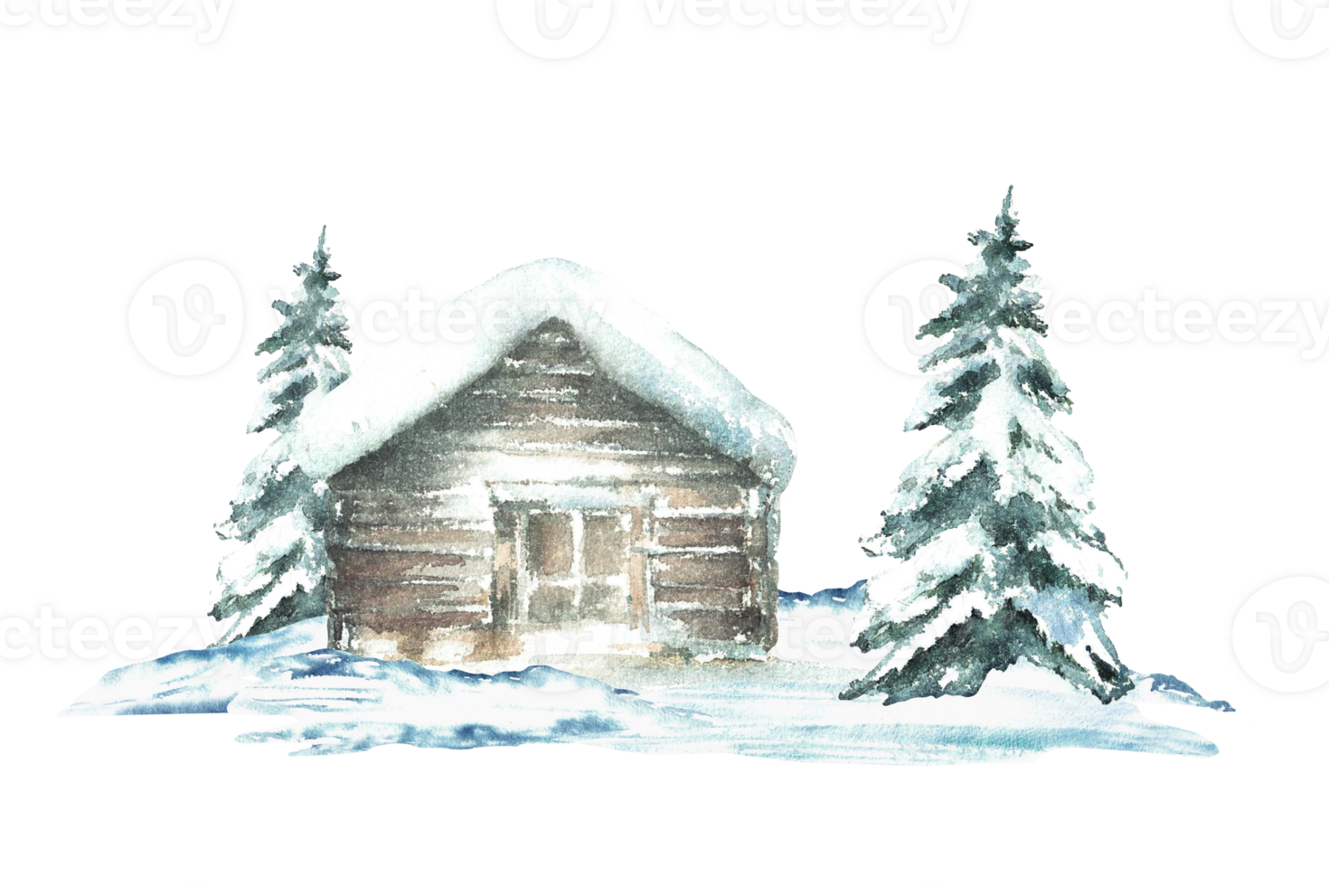 Winter cabin with snowy pine or fir tree Landscape with rustic wooden house, chalet a snow covered roof. Watercolor hand drawn illustration isolated from background for holiday, Christmas card, poster png