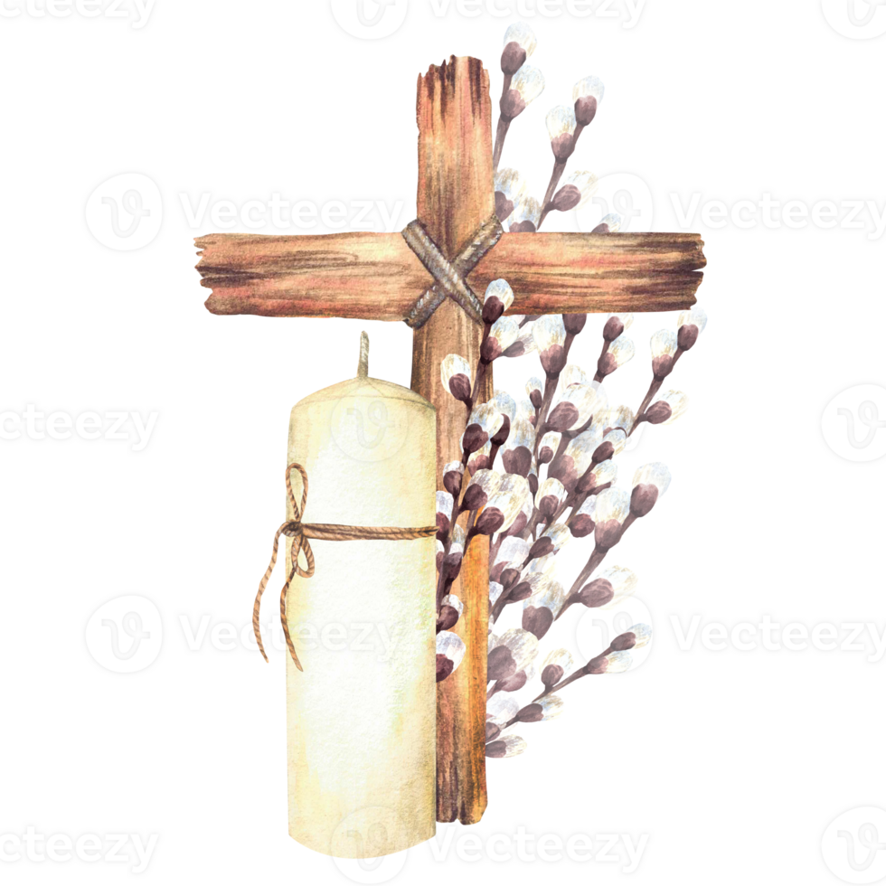 White candle with Cross tied with a rope against of willow branches. Religious Church arrangement. Watercolor hand drawn illustration on isolated background for First communion, baptism, Easter. png