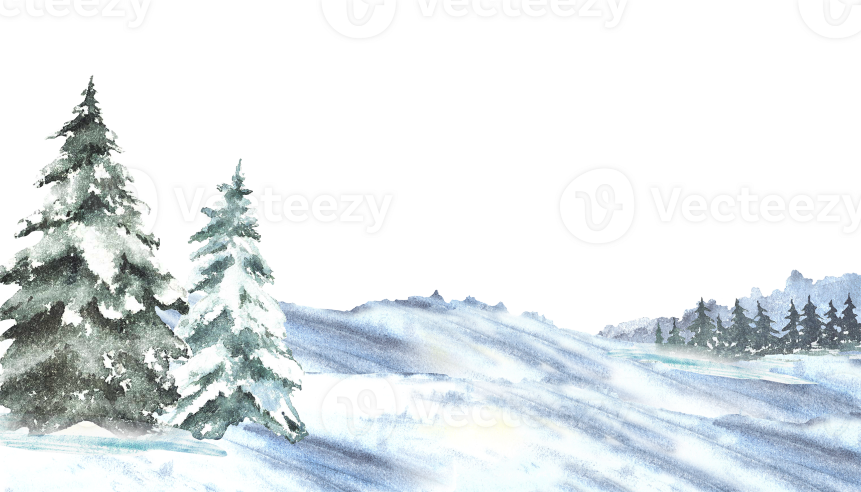 Winter Landscape with snow covered green spruces firs. Snowy Hills, snowdrifts and frosty evergreen forest. Hand drawn watercolor illustration isolated from the background. Clipart for holiday card png