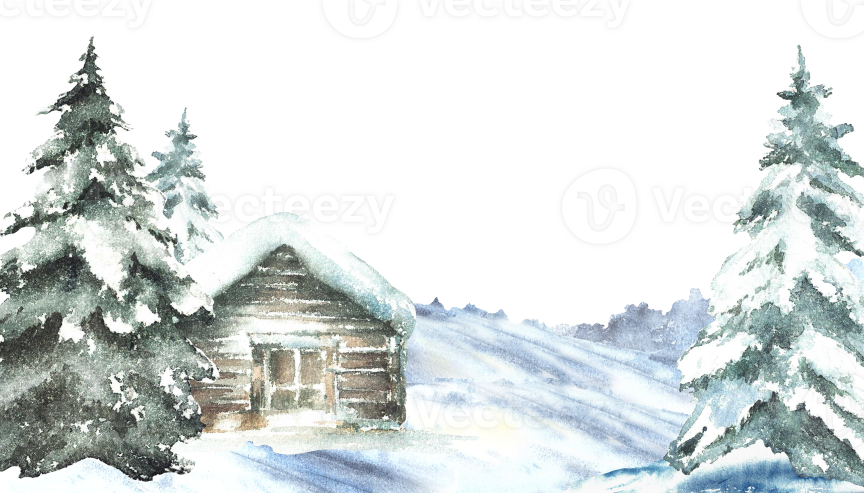 Winter landscape snow covered house with snowy pine tree. Banner with wooden cabin, chalet surrounded by snowdrifts. Watercolor painted illustration isolated from background for holiday card template png