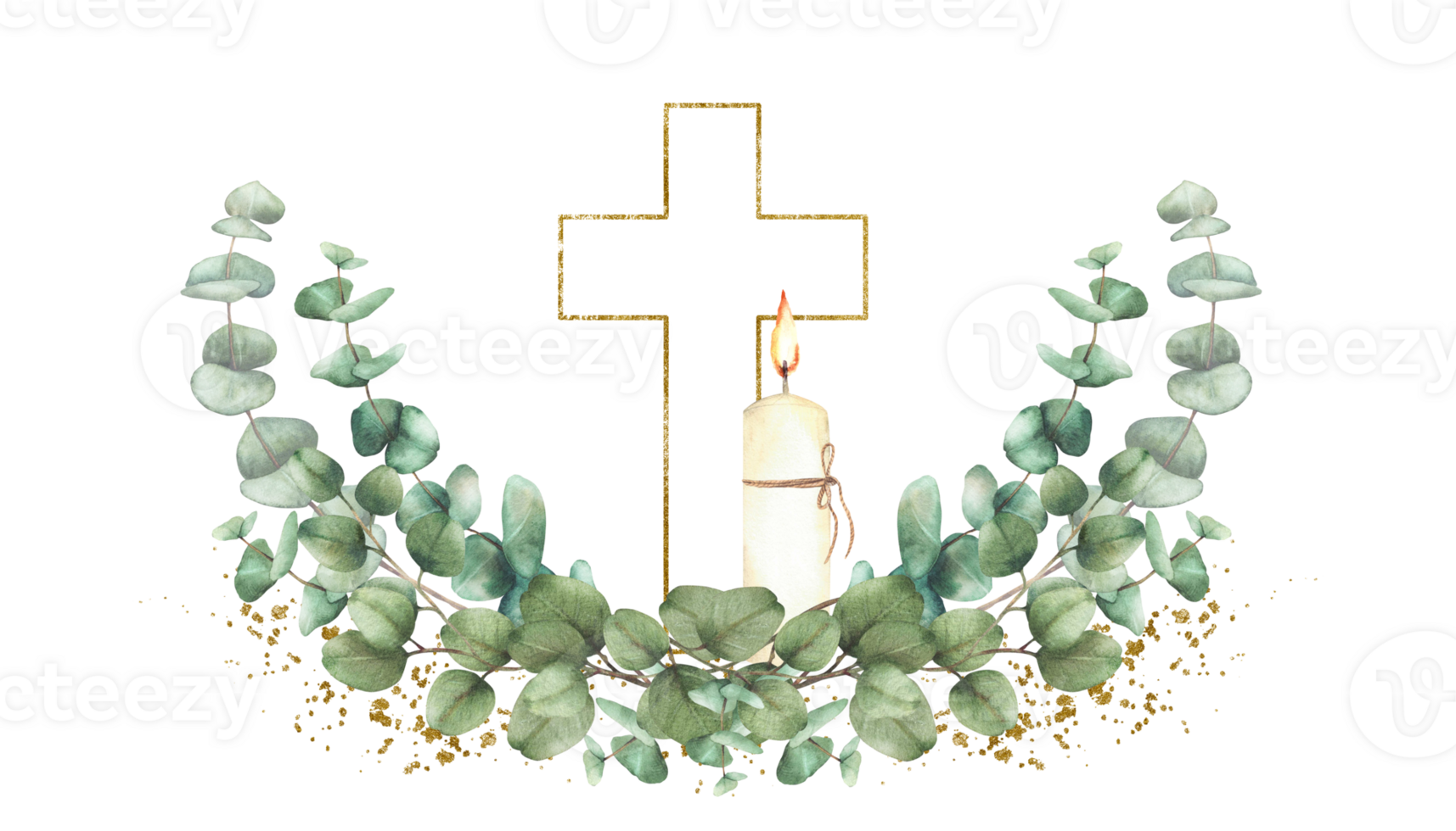 Golden Cross with burning candle and green eucalyptus branches on gold splashes and stains. Watercolor painted illustration. Semicircular composition for christening, wedding. Isolated from background png