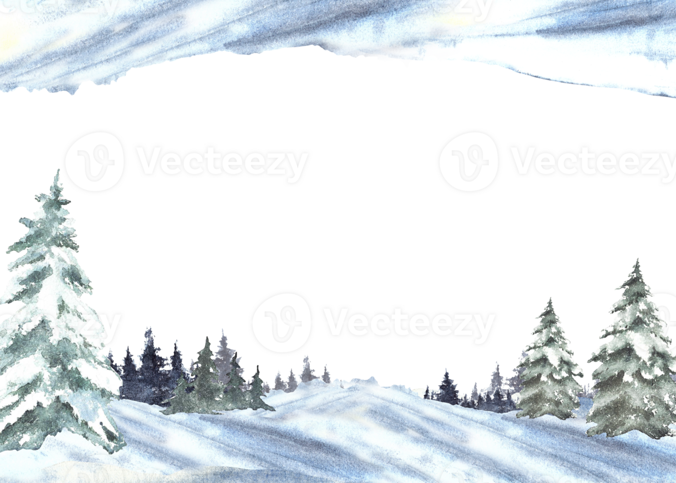 Winter Landscape with snow covered green spruces firs. Snowy Hills, snowdrifts and frosty evergreen forest. Hand drawn watercolor illustration isolated from the background. Template for holiday card. png