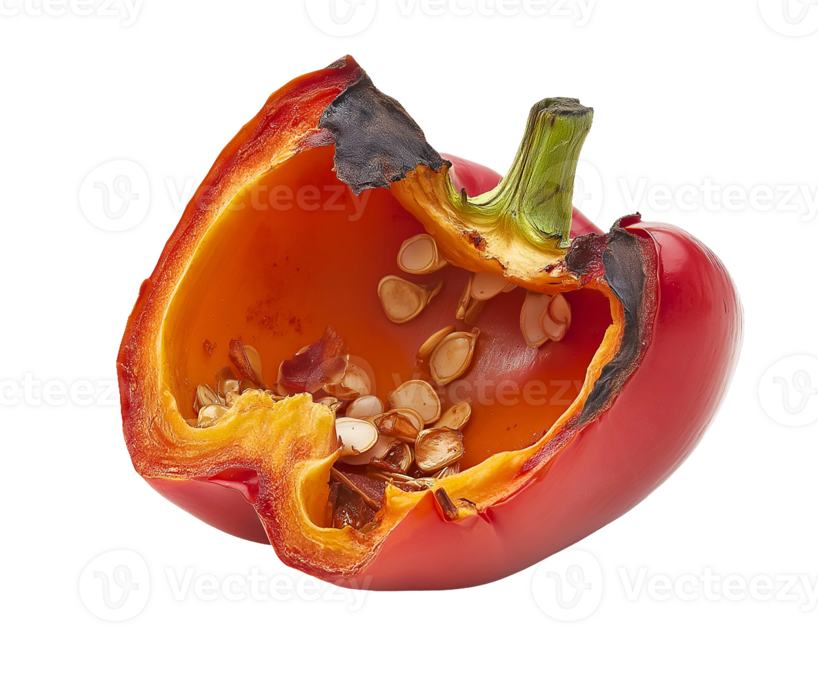 charred red bell pepper half with seeds and stem isolated on background for culinary and food photography png