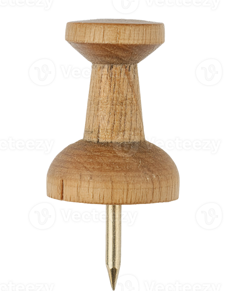 vertical wooden push pin with natural finish and metal tip on isolated background for office and craft use png