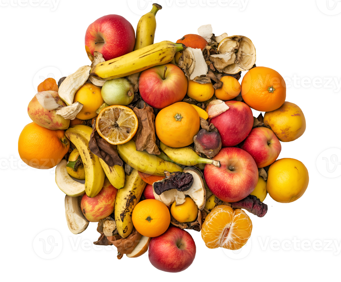 spoiled apples bananas oranges and citrus fruits in a messy pile isolated background food waste concept png