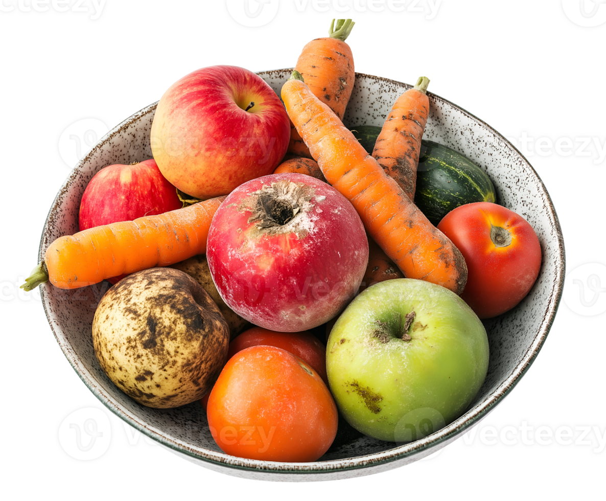 bowl of mixed spoiled fruits and vegetables isolated background featuring apples carrots tomatoes and potatoes with visible decay png