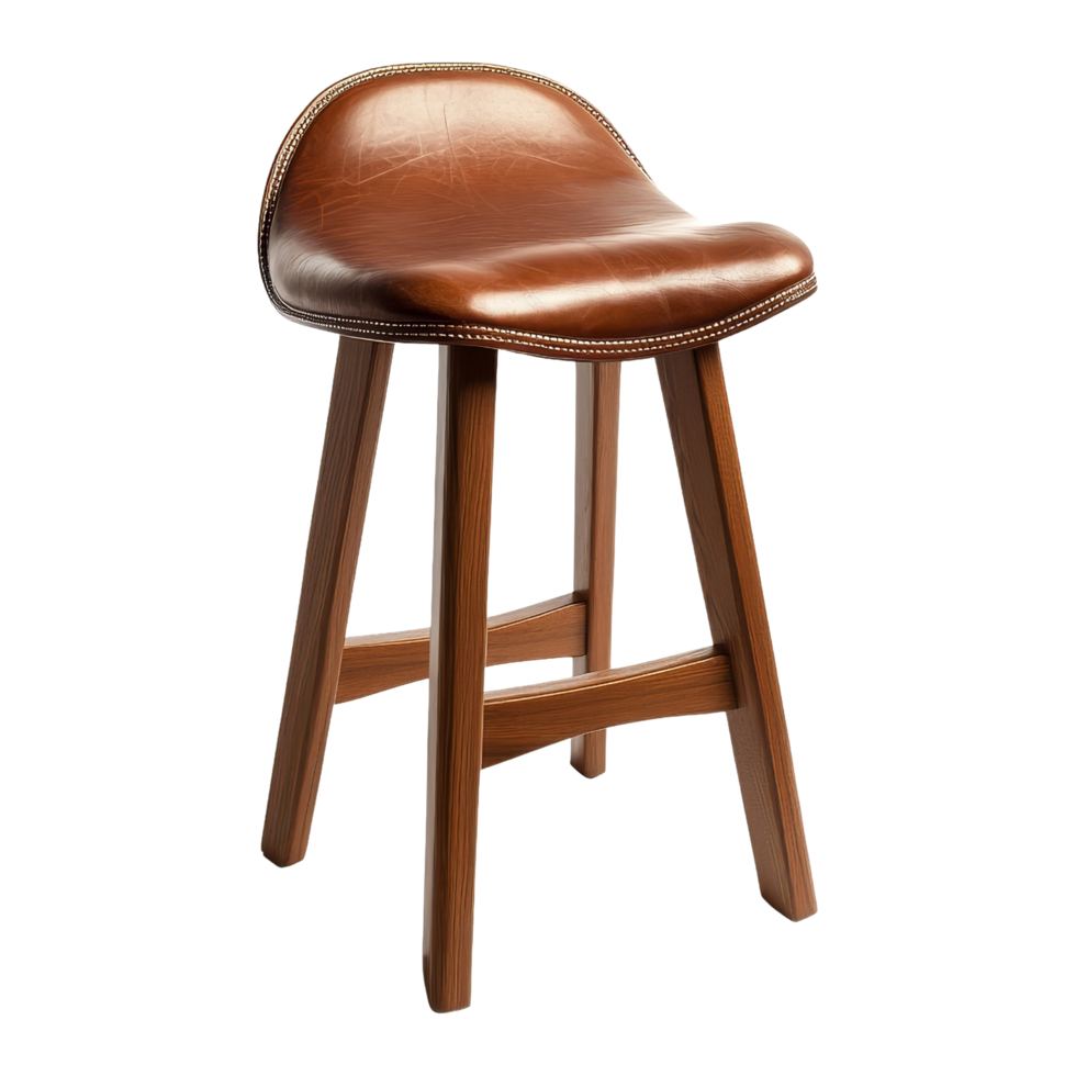 A brown leather bar stool with wooden legs png