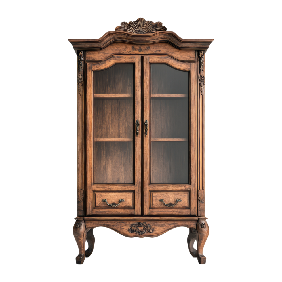 An antique wooden cabinet with glass doors png