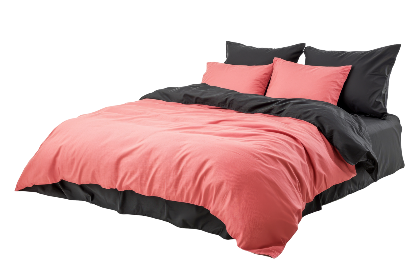 A bed with pink and black sheets png